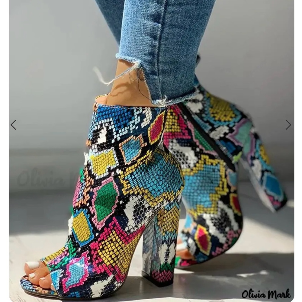 Colorful Snakeskin Chunky Heel Boots